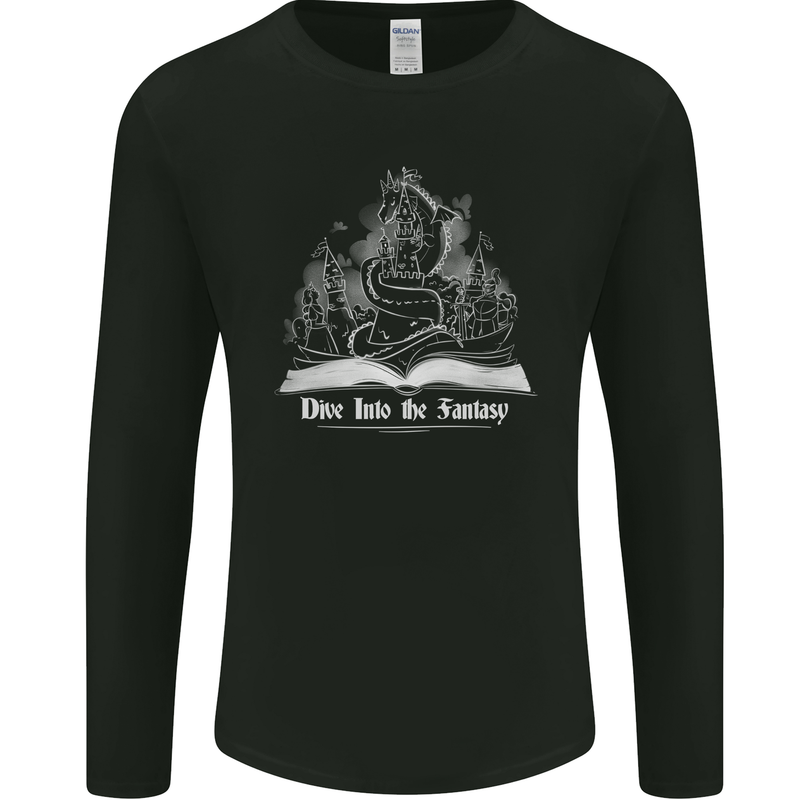 Dive into Fantasy Book Reading Bookworm Dragon Mens Long Sleeve T-Shirt Black