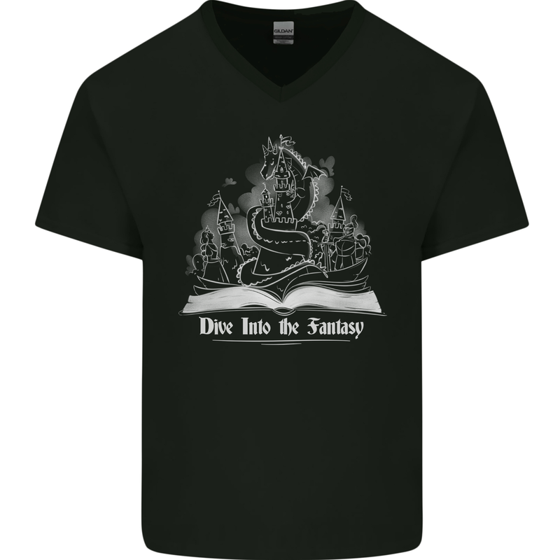 Dive into Fantasy Book Reading Bookworm Dragon Mens V-Neck Cotton T-Shirt Black
