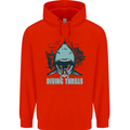 Diving Thrills Funny Scuba Diving Shark Diver Mens 80% Cotton Hoodie Bright Red