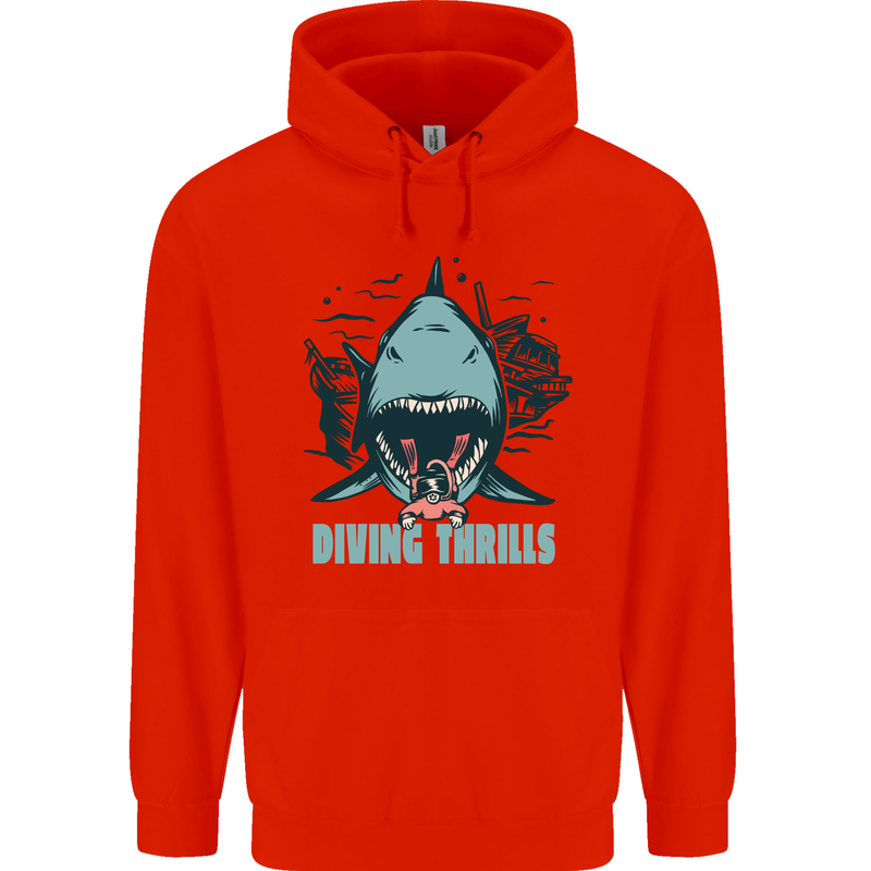 Diving Thrills Funny Scuba Diving Shark Diver Mens 80% Cotton Hoodie Bright Red