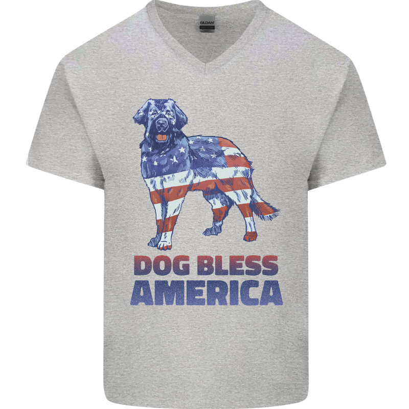 Dog Bless America USA Mens V-Neck Cotton T-Shirt Sports Grey