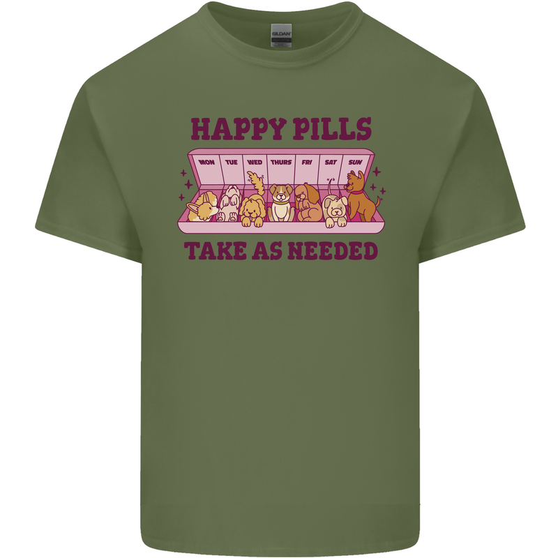 Dog Happy Pills Mens Cotton T-Shirt Tee Top Military Green