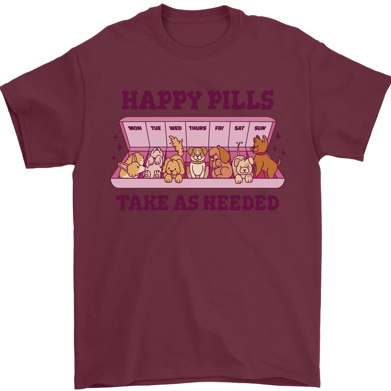 Dog Happy Pills Mens T-Shirt 100% Cotton Maroon