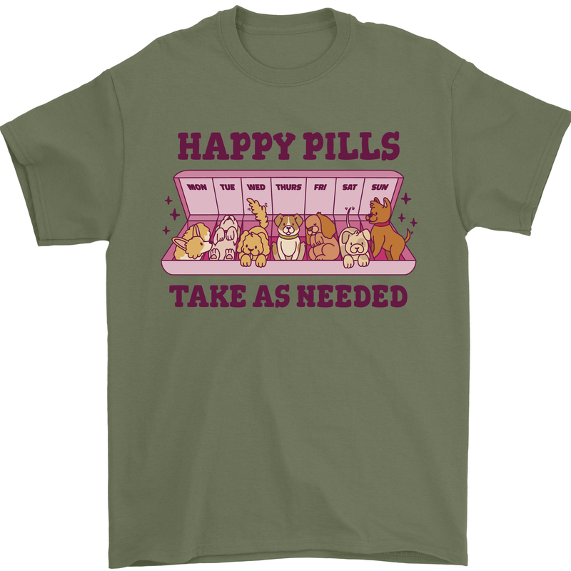 Dog Happy Pills Mens T-Shirt 100% Cotton Military Green