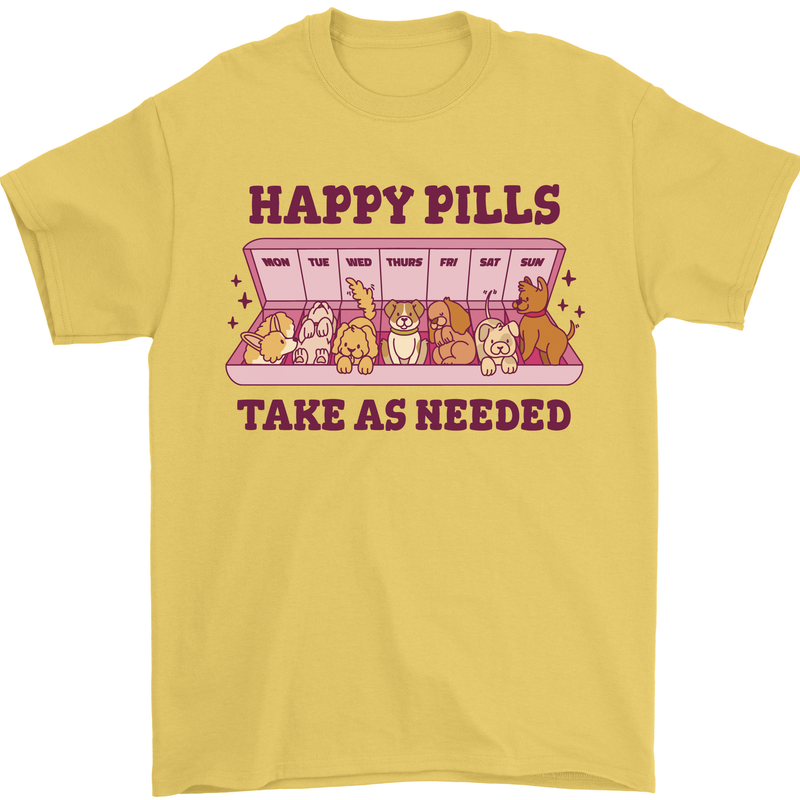 Dog Happy Pills Mens T-Shirt 100% Cotton Yellow