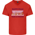 Dog Happy Pills Mens V-Neck Cotton T-Shirt Red