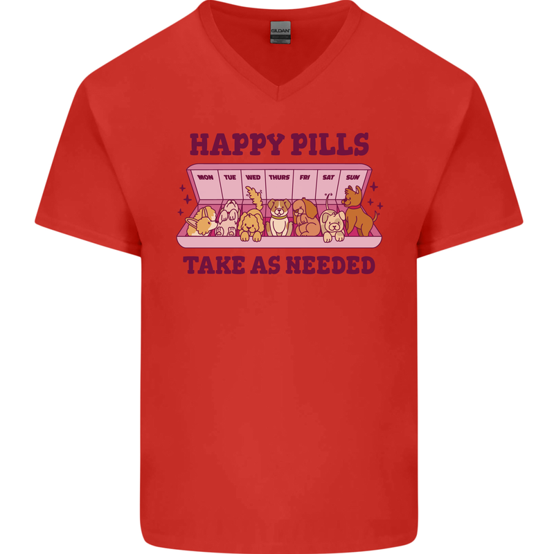 Dog Happy Pills Mens V-Neck Cotton T-Shirt Red