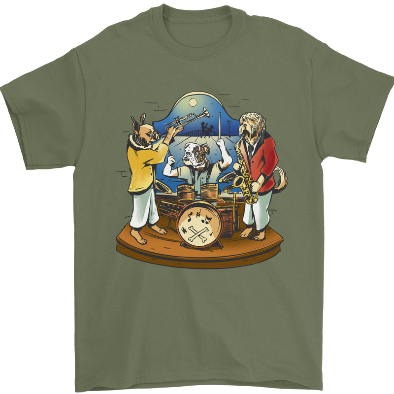 Dog Jazz Band Funny Music Mens T-Shirt 100% Cotton Military Green