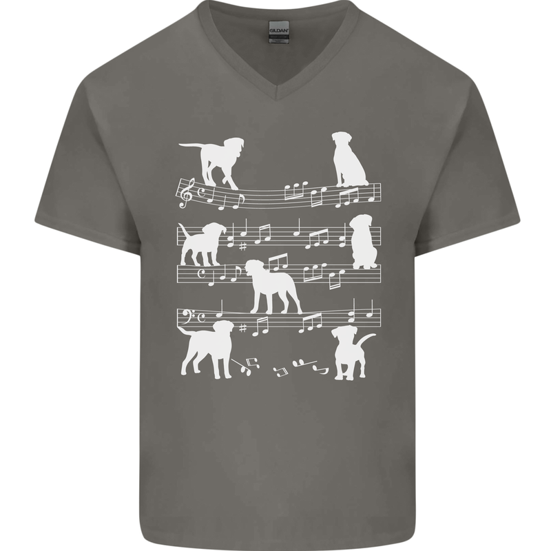 Dog Music Musical Notes Piano Guitar Mens V-Neck Cotton T-Shirt Charcoal