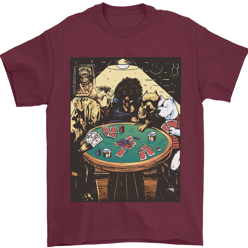 Dogs Playing Poker Mens T-Shirt 100% Cotton Maroon