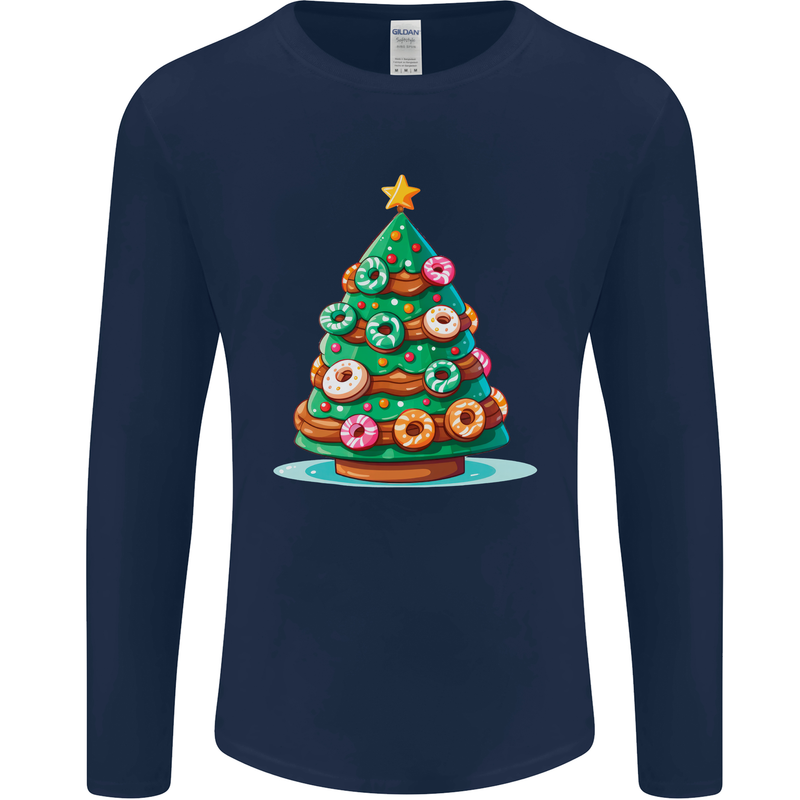 Donut Christmas Tree Funny Xmas Food Mens Long Sleeve T-Shirt Navy Blue