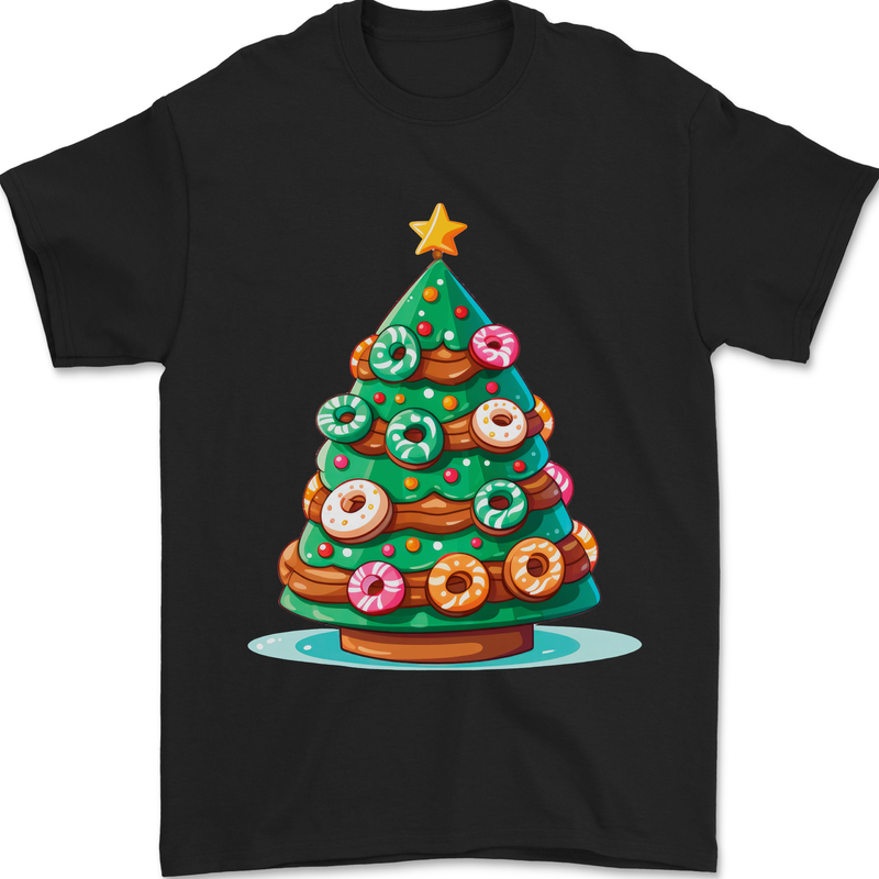 Donut Christmas Tree Funny Xmas Food Mens T-Shirt 100% Cotton Black