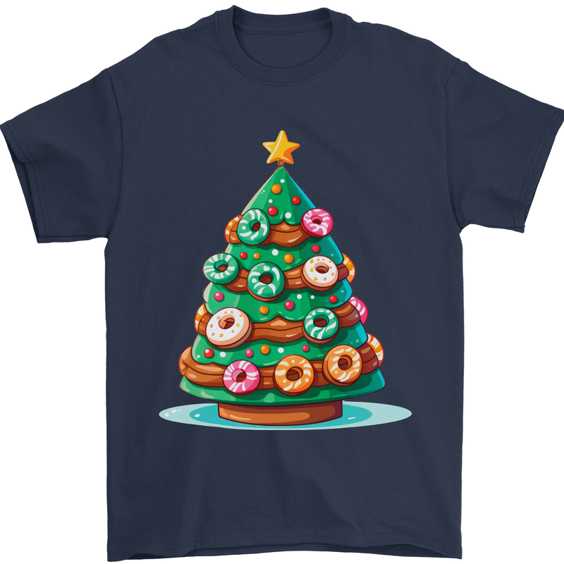 Donut Christmas Tree Funny Xmas Food Mens T-Shirt 100% Cotton Navy Blue
