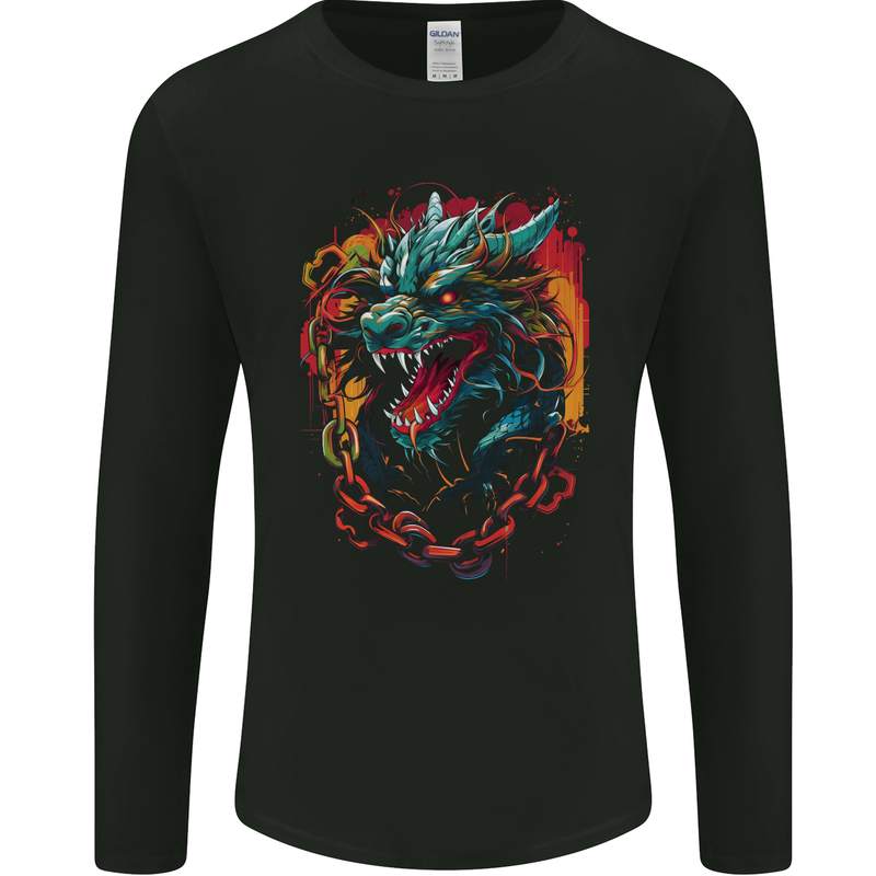 Dragon in Chains Fantasy Mens Long Sleeve T-Shirt Black