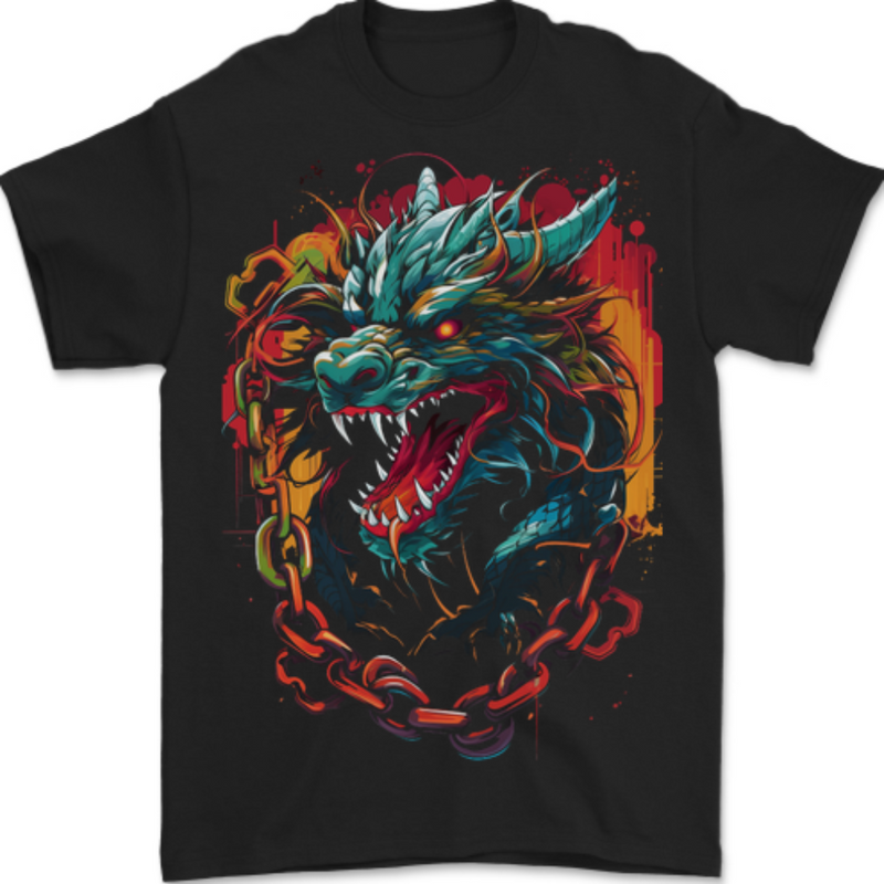 Dragon in Chains Fantasy Mens T-Shirt 100% Cotton BLACK