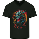 Dragon in Chains Fantasy Mens V-Neck Cotton T-Shirt Black