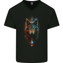 Dreamcatcher Wolf Spiritual Moon Phases Mens V-Neck Cotton T-Shirt Black