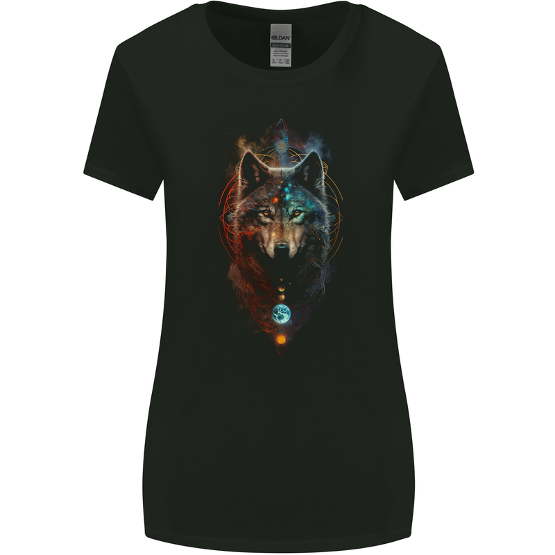 Dreamcatcher Wolf Spiritual Moon Phases Womens Wider Cut T-Shirt Black