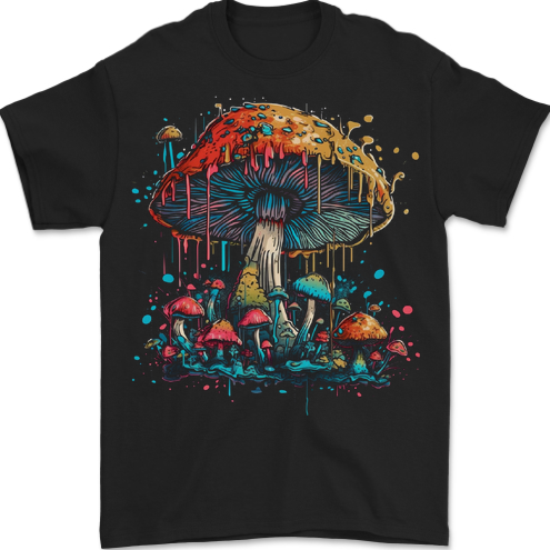 a black t - shirt with an image of a mushroom