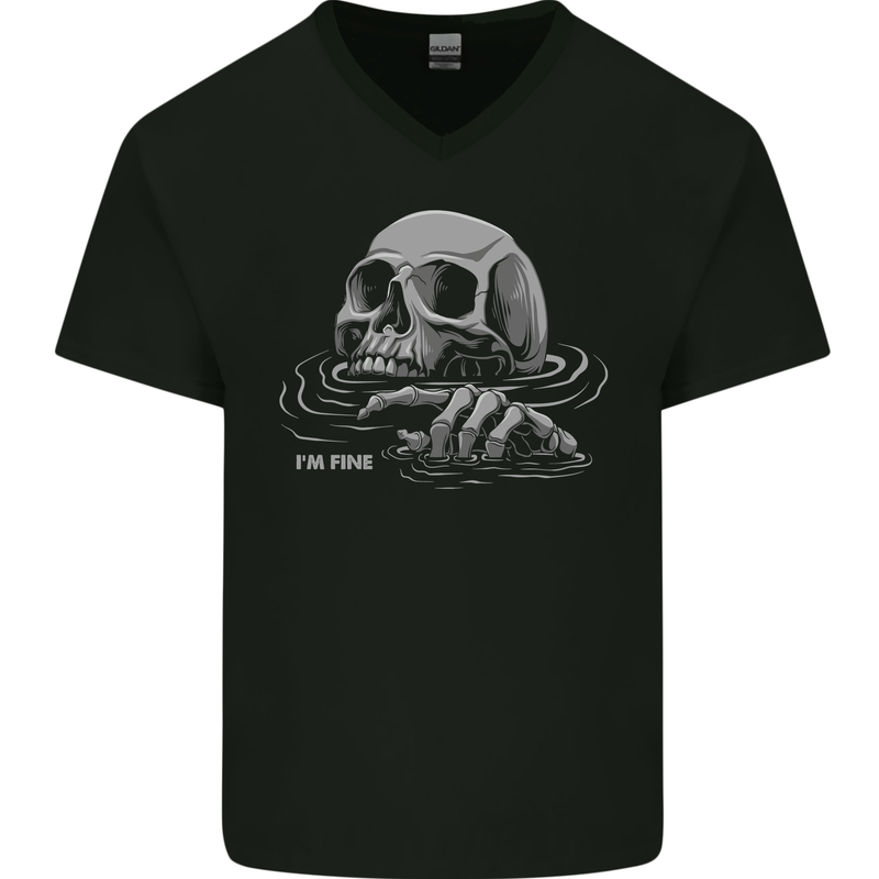 Drowning Skull Im Fine Mens V-Neck Cotton T-Shirt Black