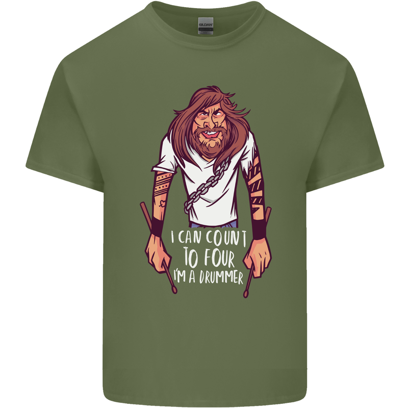 Drummer Count to 4 Funny Drumming Drum Mens Cotton T-Shirt Tee Top Military Green