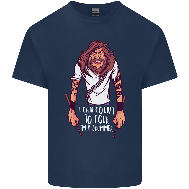 Drummer Count to 4 Funny Drumming Drum Mens Cotton T-Shirt Tee Top Navy Blue