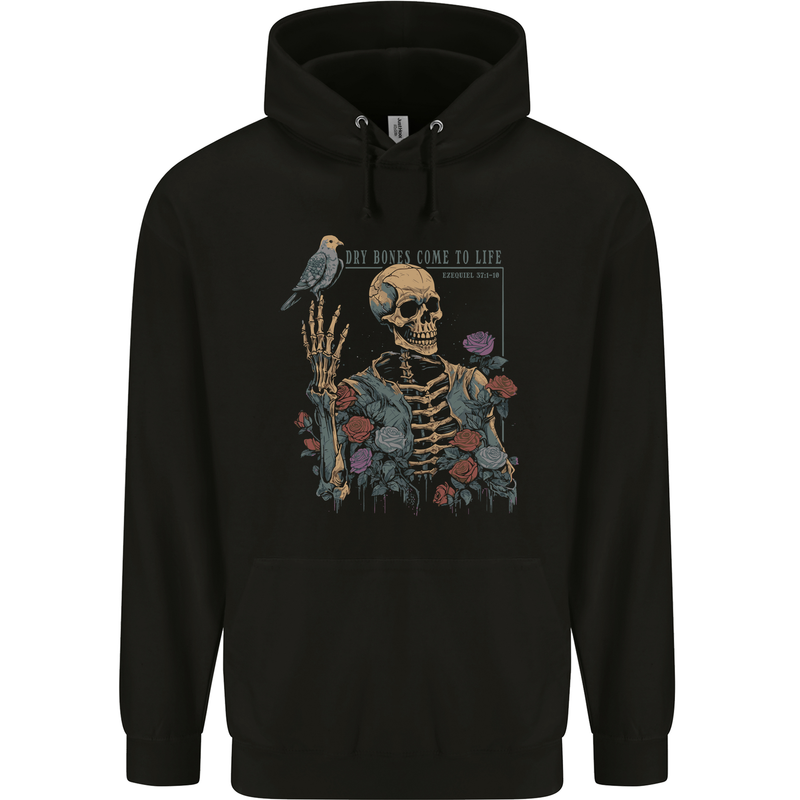 Dry Bones Skeleton Skull With Flowers & Bird Mens 80% Cotton Hoodie Black