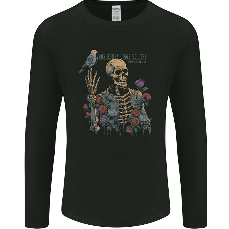 Dry Bones Skeleton Skull With Flowers & Bird Mens Long Sleeve T-Shirt Black