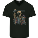 Dry Bones Skeleton Skull With Flowers & Bird Mens V-Neck Cotton T-Shirt Black