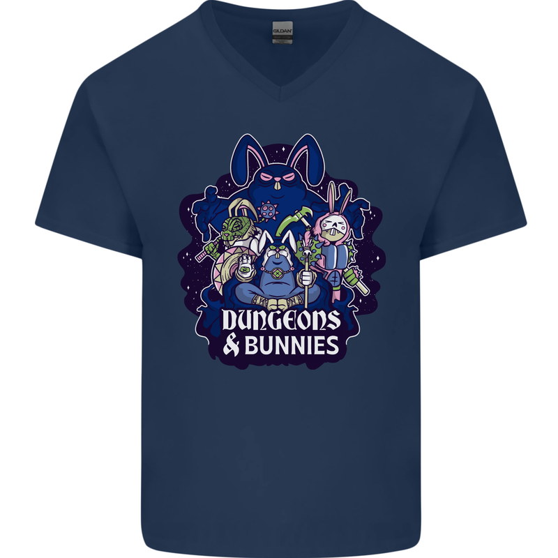 Dungeons & Bunnies Role Play Games RPG Mens V-Neck Cotton T-Shirt Navy Blue