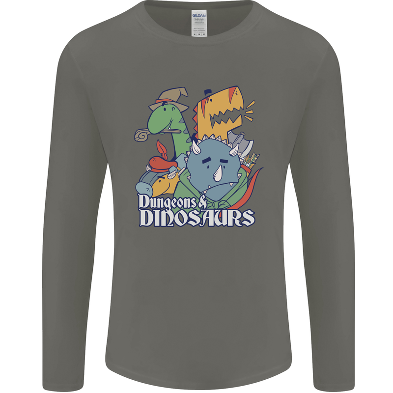Dungeons & Dinosaurs Funny T-Rex Mens Long Sleeve T-Shirt Charcoal