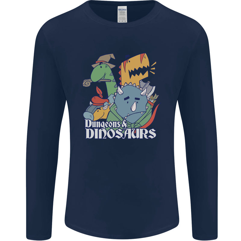 Dungeons & Dinosaurs Funny T-Rex Mens Long Sleeve T-Shirt Navy Blue