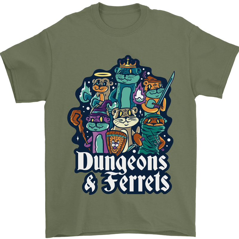 Dungeons & Ferrets Role Play Games RPG Mens T-Shirt 100% Cotton Military Green