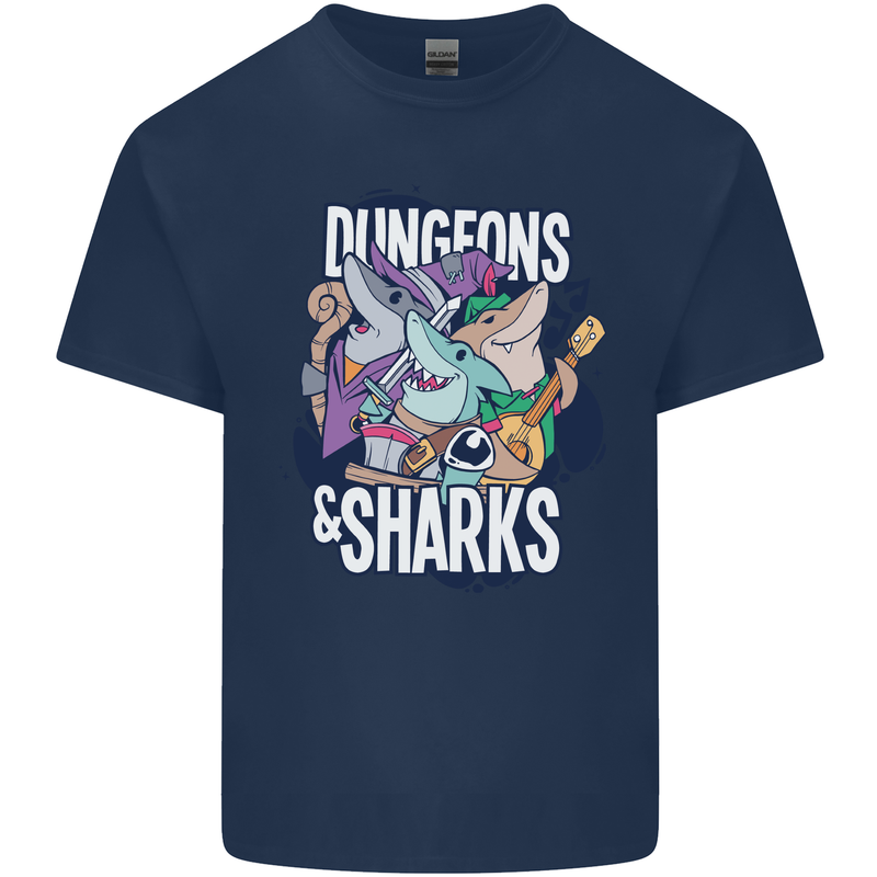 Dungeons & Sharks Role Play Games RPG Kids T-Shirt Childrens Navy Blue