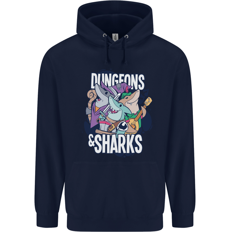 Dungeons & Sharks Role Play Games RPG Mens 80% Cotton Hoodie Navy Blue