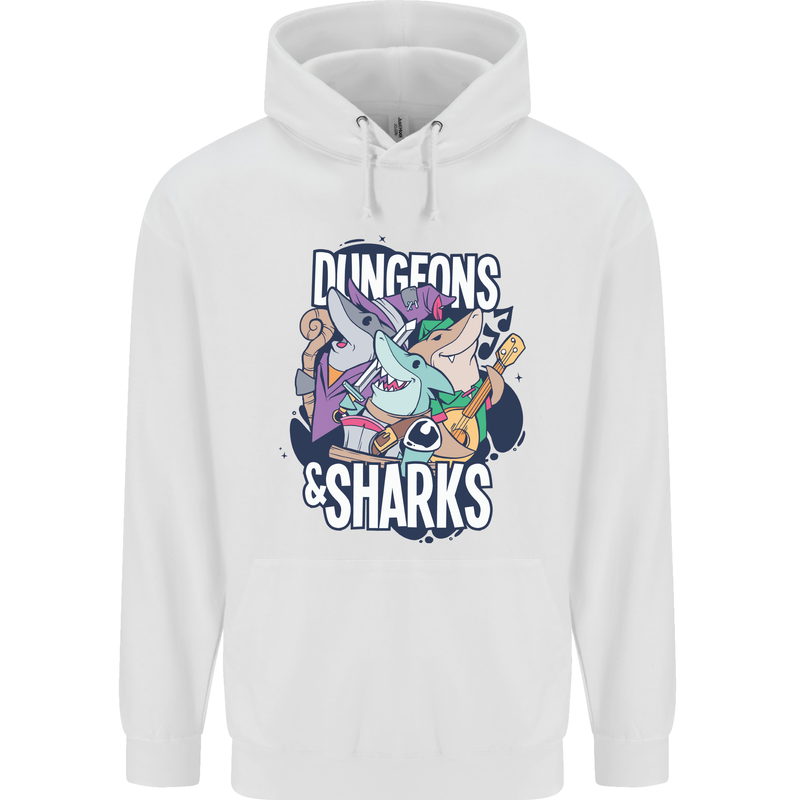 Dungeons & Sharks Role Play Games RPG Mens 80% Cotton Hoodie White
