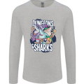 Dungeons & Sharks Role Play Games RPG Mens Long Sleeve T-Shirt Sports Grey