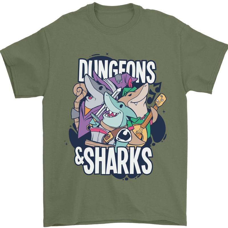 Dungeons & Sharks Role Play Games RPG Mens T-Shirt 100% Cotton Military Green