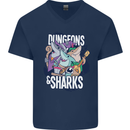 Dungeons & Sharks Role Play Games RPG Mens V-Neck Cotton T-Shirt Navy Blue