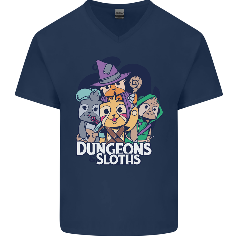 Dungeons & Sloths Role Play Games RPG Mens V-Neck Cotton T-Shirt Navy Blue