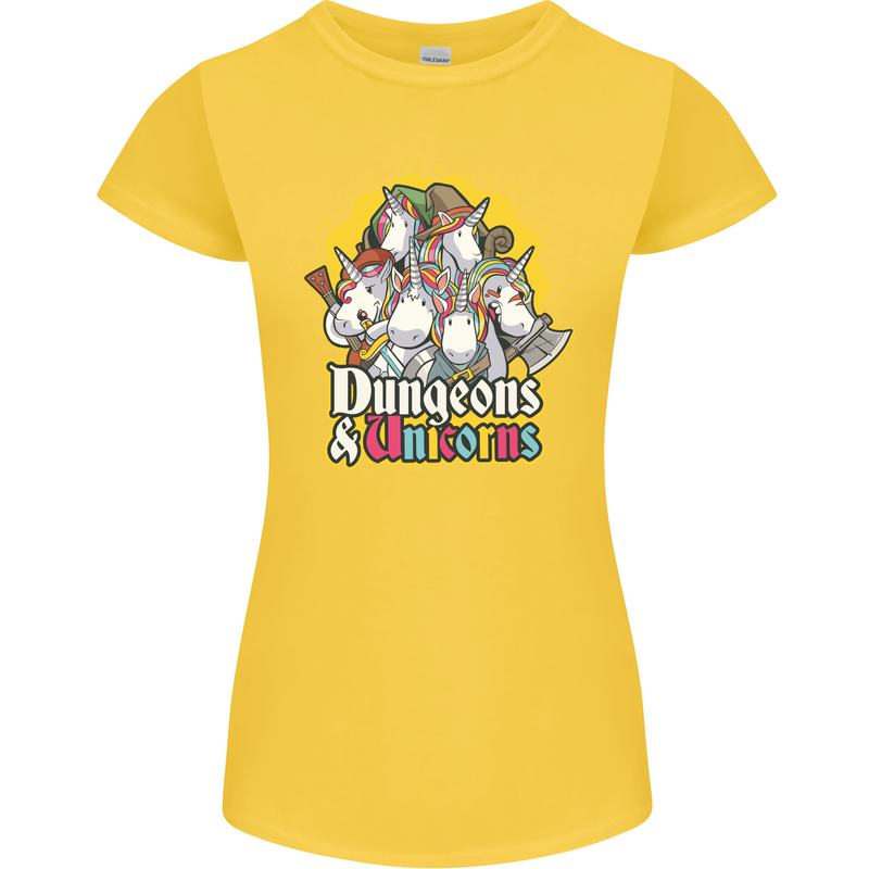 Dungeons & Unicorns Role Play Games RPG Womens Petite Cut T-Shirt Yellow