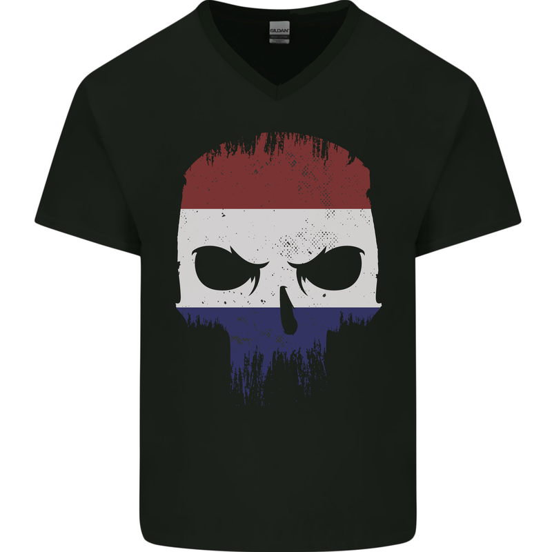 Dutch Skull Holland Gym Flag Biker Mens V-Neck Cotton T-Shirt Black