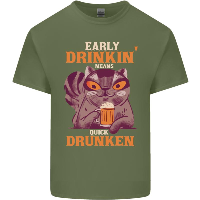 Early Drinkin' Quick Drunken Funny Alcohol Beer Mens Cotton T-Shirt Tee Top Military Green