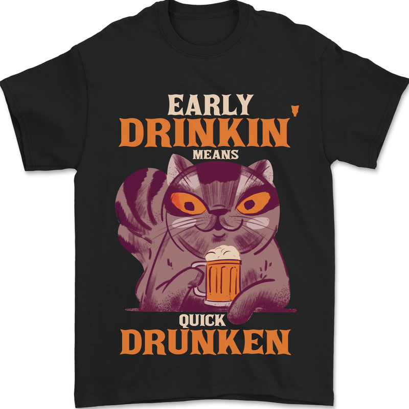 a black t - shirt with an image of a cat drinking a beer