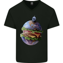 Earth Burger Funny Food Planet Mens V-Neck Cotton T-Shirt Black
