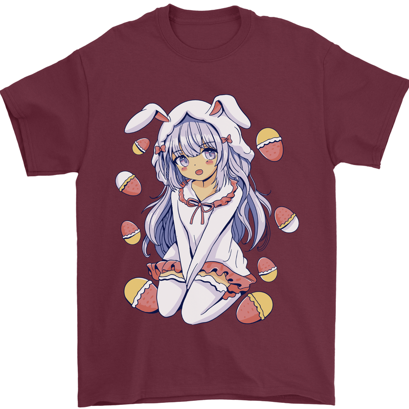 Easter Anime Girl With Eggs and Bunny Ears Mens T-Shirt 100% Cotton Maroon