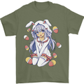 Easter Anime Girl With Eggs and Bunny Ears Mens T-Shirt 100% Cotton Military Green