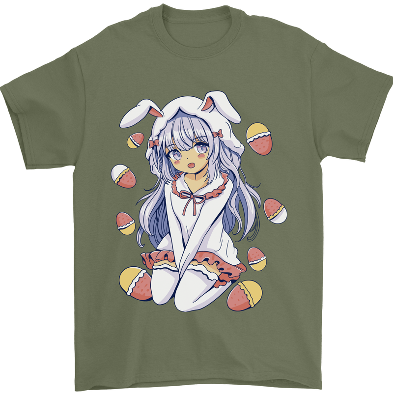 Easter Anime Girl With Eggs and Bunny Ears Mens T-Shirt 100% Cotton Military Green