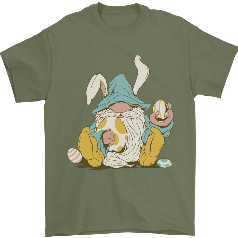 Easter Gnome With Eggs and Bunny Ears Mens T-Shirt 100% Cotton Military Green