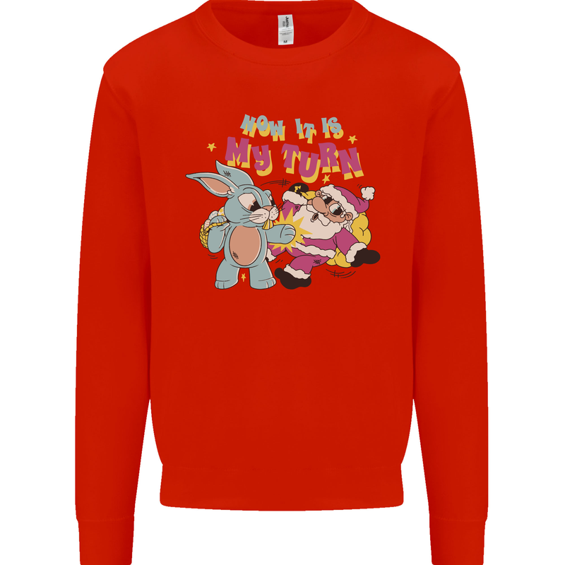 Easter Rabbit vs Santa Claus Funny Bunny Egg Kids Sweatshirt Jumper Bright Red